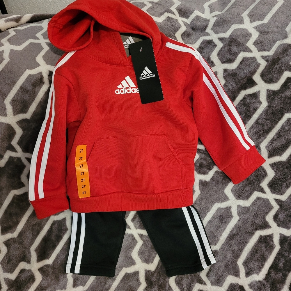 Adidas Red Hoodie and Black Shorts Set